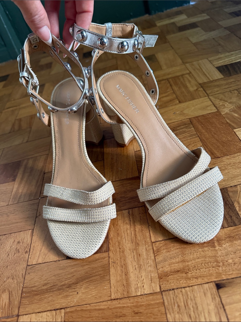 Marc Fisher Cream Textured Block Heel Sandals with Metallic Stud Ankle Strap